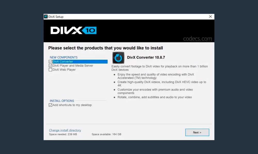 Скриншот кодека DivX